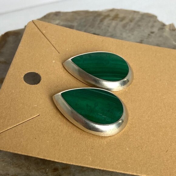 Sterling Silver 925 Southwest Style Malachite Teardrop Shaped Pierced Earrings - Picture 11 of 15